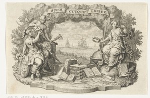 Vignet met Mercurius, Minerva en Rechtvaardigheid