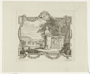 Vignet met Poëzie met lier en zwaan in landschap met omlijsting