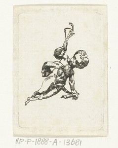Vignet met putto met trompet en palmtak