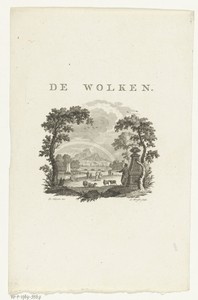 Vignet met rivierlandschap en regenboog in wolken