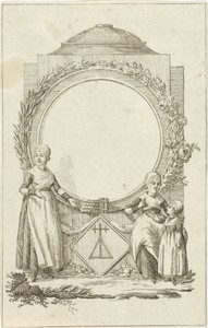Vignet met vrouwen en meisje bij medaillon