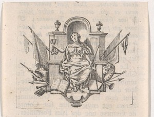 Vignet met zittende vrouw met sleutels, scepter, boek en wapenrusting