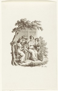 Vijf dames zitten in tuin en lezen en handwerken