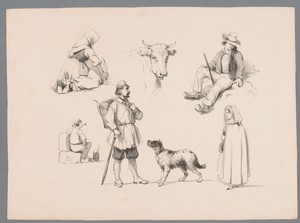 Vijf figuurstudies met hond en rund