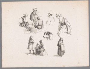 Vijf figuurstudies met onder andere een groep rustende reizigers en een hond