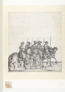 Vijf jagers te paard bij de jacht naar wilde zwijnen