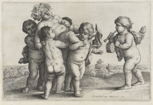 Vijf jongetjes dragen een met wijnranken gekroonde jongeling