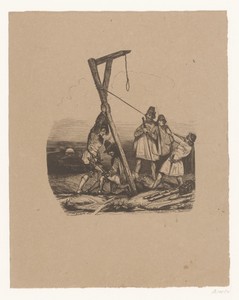 Vijf mannen richten een galg op, aan de voet ligt een lijk