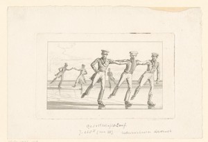 Vijf mannen schaatsen met elkaar
