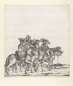 Vijf mannen te paard met trommels
