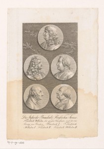 Vijf medailles met de portretten van Friedrich Wilhelm en vier anderen Pruisische koningen