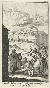 Vijf pelgrims, uitkijkend naar een stad op een hoge berg