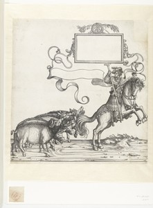 Vijf wilde zwijnen en standaarddrager te paard