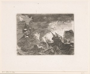 Vijf zeilschepen op zee tijdens een storm