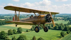 Vintage Biplane Over Fields