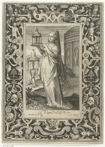 Virginia met model van kleine tempel