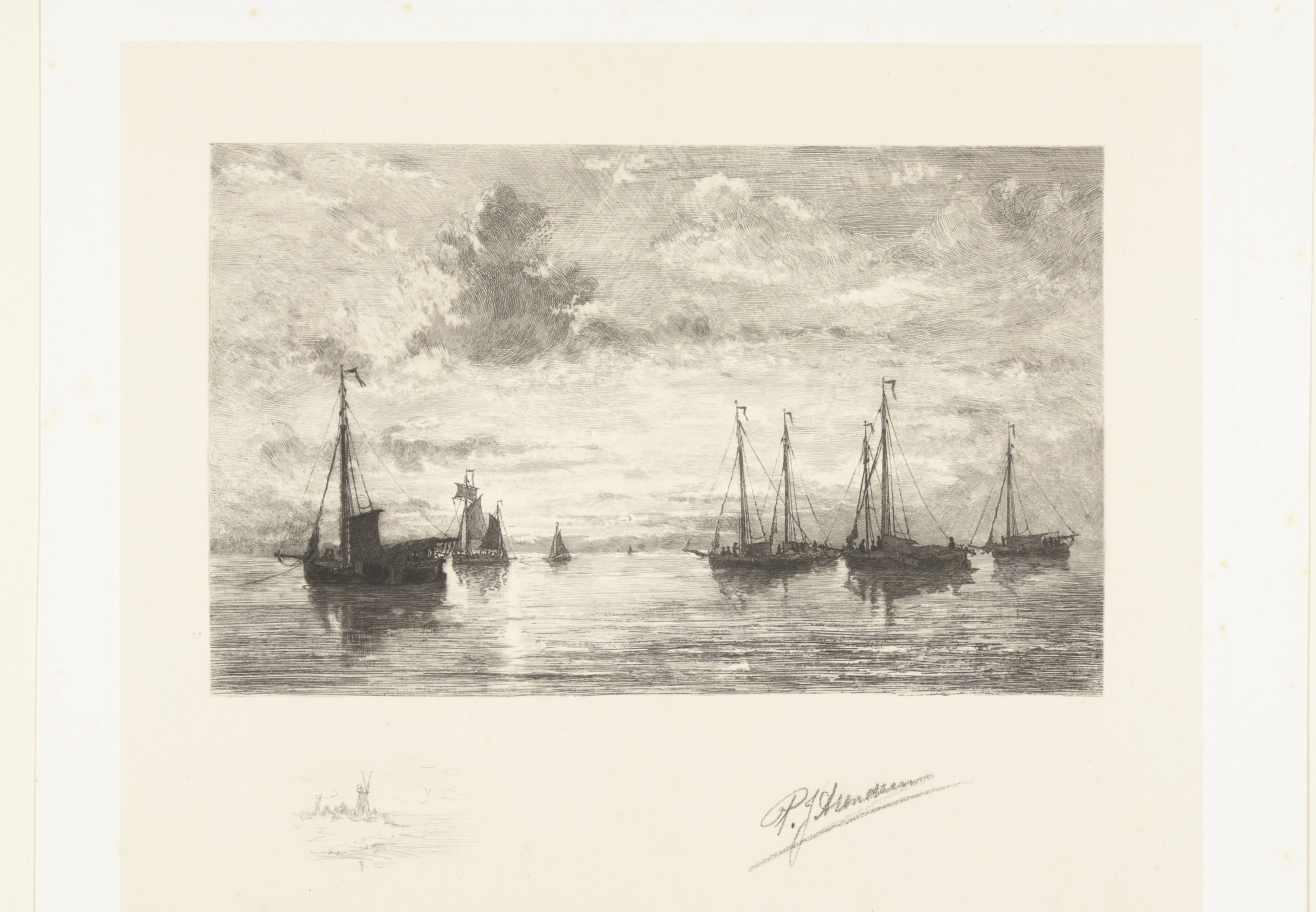 Visschersschepen op zee bij opgaande zon by Petrus Johannes Arendzen