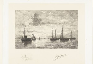 Visschersschepen op zee bij opgaande zon