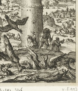 Vissen happen op het droge naar lucht, op de achtergrond een man op een hoge toren