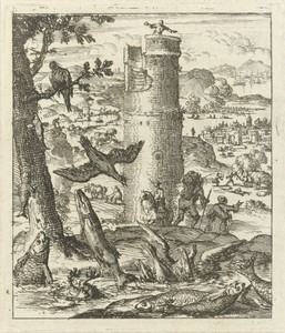 Vissen happen op het droge naar lucht, op de achtergrond een man op een hoge toren