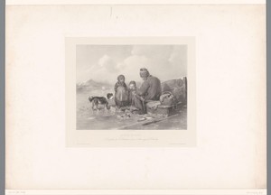 Visser met twee kinderen en een hond op het ijs