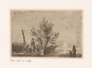 Visser op een ton aan de waterkant