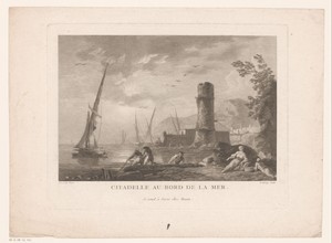 Vissers bij een fort met toren aan een kust