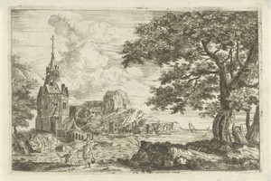 Vissers bij een kerk aan een kust