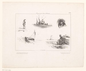 Vissers en vissersboten aan het strand
