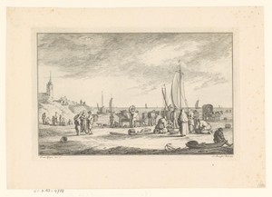 Vissers en vissersboten op het strand bij Scheveningen