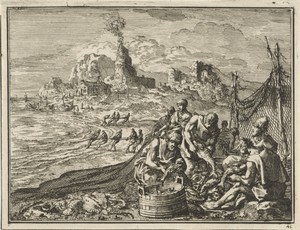 Vissers op het strand zoeken het goede en het kwade uit hun netten