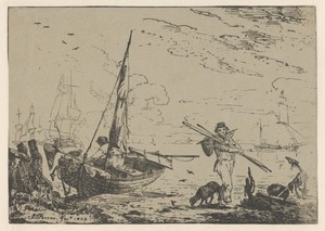 Vissersboot met twee vissers bij eb