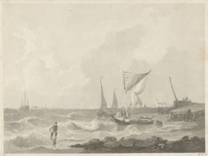 Vissersboten bij een havenhoofd