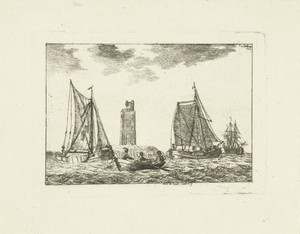 Vissersschepen op het IJ bij vuurtoren