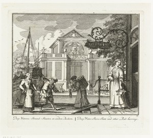 Visverkopers voor het huis van een notaris