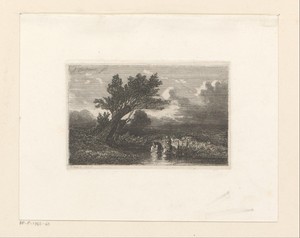 Vlak landschap met figuren bij een wilg aan het water