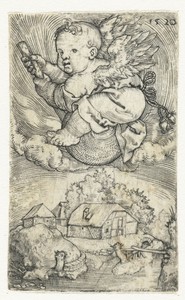 Vliegende kleine engel op een bol boven landschap