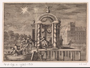 Vluchtende pyrotechnici bij een grote versiering op de Vijverberg te Den Haag ter ere van de geboorte van de zoon van koning Jacobus II, 1688