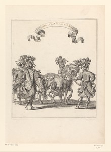 Voetknechten en palfrenier met paard in Perzisch kostuum
