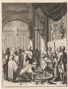 Voetwassing van de reizigers in een klooster te Jeruzalem