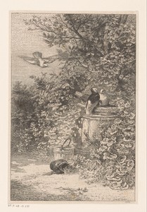 Vogels bij een regenton in het struikgewas