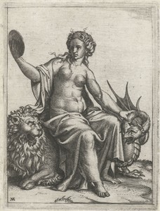 Voorzichtigheid (Prudentia) met spiegel zittend op leeuw houdt een draak in bedwang