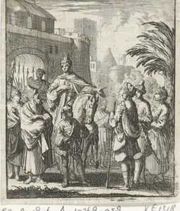 Vreemdeling, tot koning benoemd, wordt te paard naar de stadspoort geleid