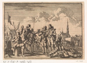 Vriendschappelijke ontmoeting van Spaanse en Hollandse soldaten tijdens een wapenstilstand bij het beleg van Breda, 1637