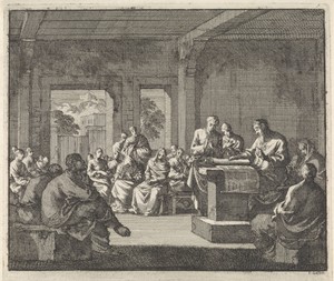 Vroeg-christelijke gemeenschap luistert naar een lezing uit de Bijbel