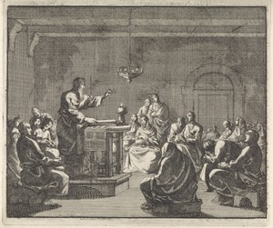 Vroeg-christelijke gemeenschap luistert naar een preek