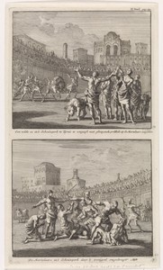 Vroegchristelijke martelaren in een Romeinse arena en Vroegchristelijke martelaren die in een arena worden afgeslacht