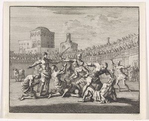 Vroegchristelijke martelaren worden in een arena afgeslacht