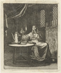 Vrouw aanschouwt de vlam uit een olielamp