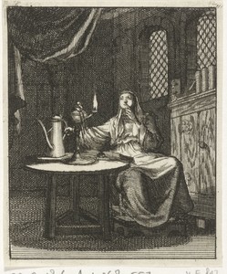 Vrouw aanschouwt de vlam uit een olielamp